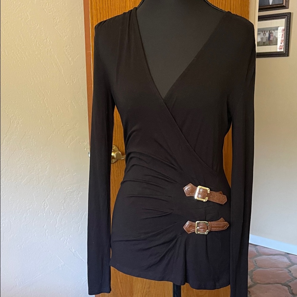 Cache Black Wrap-Style Long Sleeve Top with Buckle Accents xs
